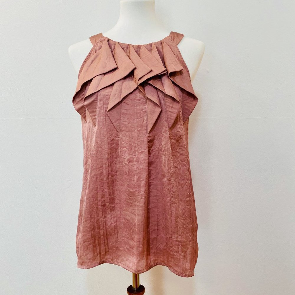 Dusty pinky sleeveless satin ruffle front top - M